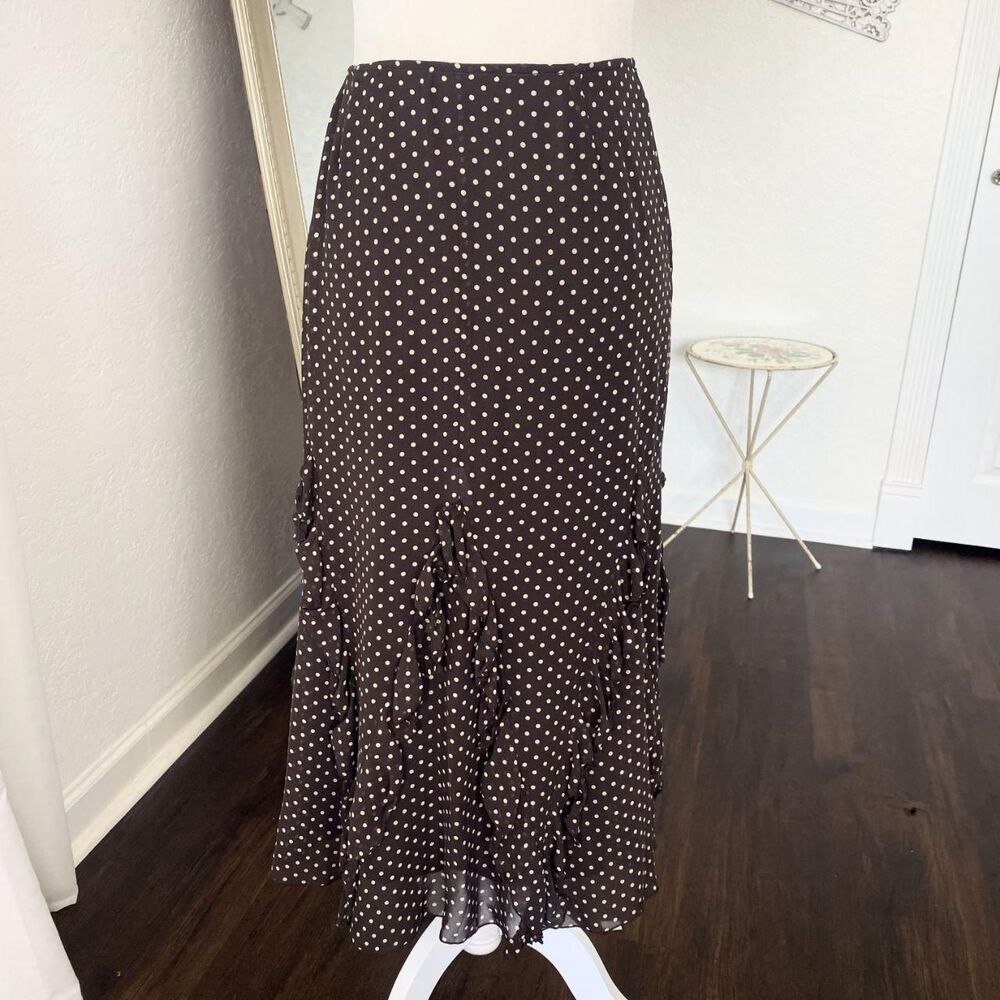 Nygard Collection Vintage 100% Brown Silk Polkadot Ruffle Frilly Midi Skirt 4 S